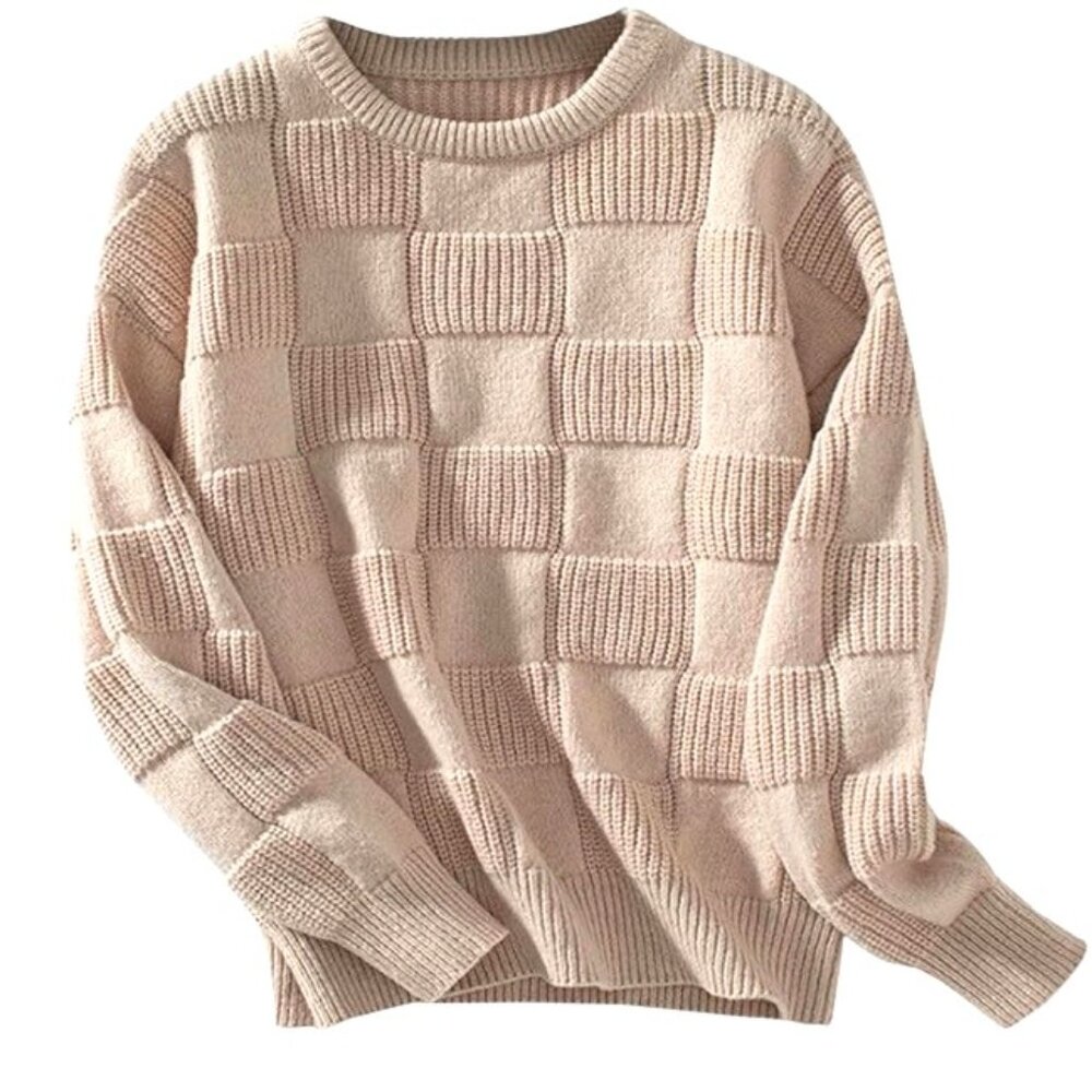 Women's Size Large Light Khaki Textured Crewneck Pullover Sweater, Loose Fit